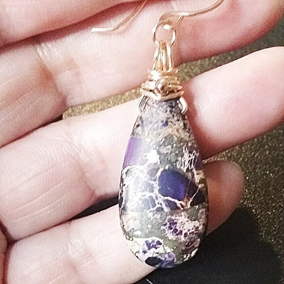 Purple & Plum Sea Sediment Jasper Teardrop + Rose Gold ~ Bold Dangle Earrings - Picture 8 of 12